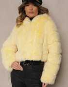 wool fashion Jachetă Galbenă Scurtă din Imitație de Blană cu Cusături Matlasate Kemeriana