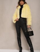 wool fashion Jachetă Galbenă Scurtă din Imitație de Blană cu Cusături Matlasate Kemeriana