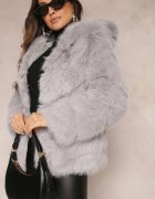 wool fashion Jachetă Gri cu Blană și Glugă Haiattas