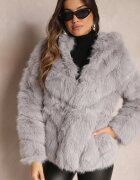 wool fashion Jachetă Gri cu Blană și Glugă Haiattas