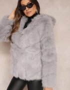 wool fashion Jachetă Gri cu Blană și Glugă Haiattas
