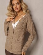 wool fashion Kardigan bej cu nasturi cu decolteu în V și model împletit Juessa