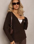 wool fashion Kardigan Maro închis Încheiat cu Decolteu Triunghiular și Model cu Torsade Juessa