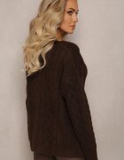 wool fashion Kardigan Maro închis Încheiat cu Decolteu Triunghiular și Model cu Torsade Juessa
