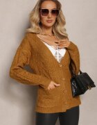 wool fashion Kardigan Zapinany Jasnobrązowy cu Decolteu în V și Model Împletit Juessa