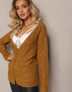 wool fashion Kardigan Zapinany Jasnobrązowy cu Decolteu în V și Model Împletit Juessa