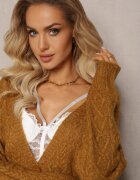 wool fashion Kardigan Zapinany Jasnobrązowy cu Decolteu în V și Model Împletit Juessa