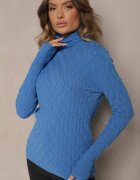wool fashion Pulover Albastru din Viscoză cu Model în Relief Cusut cu Fir Metalic Neldora