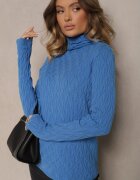 wool fashion Pulover Albastru din Viscoză cu Model în Relief Cusut cu Fir Metalic Neldora