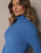wool fashion Pulover Albastru din Viscoză cu Model în Relief Cusut cu Fir Metalic Neldora