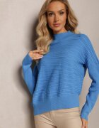 wool fashion Pulover Asimetric Albastru cu Lână Decorat cu Relief Aurorrsa
