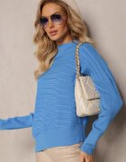 wool fashion Pulover Asimetric Albastru cu Lână Decorat cu Relief Aurorrsa