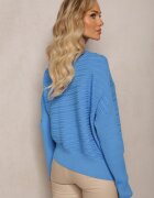 wool fashion Pulover Asimetric Albastru cu Lână Decorat cu Relief Aurorrsa