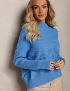 wool fashion Pulover Asimetric Albastru cu Lână Decorat cu Relief Aurorrsa
