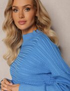 wool fashion Pulover Asimetric Albastru cu Lână Decorat cu Relief Aurorrsa