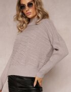 wool fashion Pulover bej închis asimetric cu lână decorat cu imprimeu în relief Aurorrsa