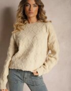 wool fashion Pulover bej lejer cu croi boxy și tricotaj în relief cu finisaje elastice Elomara
