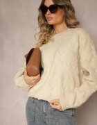 wool fashion Pulover bej lejer cu croi boxy și tricotaj în relief cu finisaje elastice Elomara