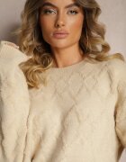 wool fashion Pulover bej lejer cu croi boxy și tricotaj în relief cu finisaje elastice Elomara