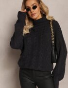 wool fashion Pulover cu guler rulat supradimensionat bleumarin cu textură decorativă Jupiterra