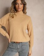 wool fashion Pulover guler înalt Bej cu model în relief și striatii Melovira