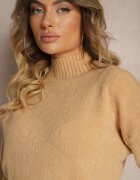 wool fashion Pulover guler înalt Bej cu model în relief și striatii Melovira