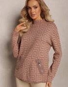 wool fashion Pulover guler semi-înalt Bej închis din tricot cu motiv geometric și fermoare suplimentare Vulla