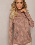 wool fashion Pulover guler semi-înalt Bej închis din tricot cu motiv geometric și fermoare suplimentare Vulla