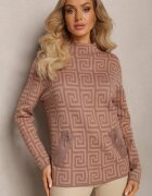 wool fashion Pulover guler semi-înalt Bej închis din tricot cu motiv geometric și fermoare suplimentare Vulla