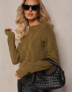 wool fashion Pulover împletit verde închis cu mânecă lungă și borduri elastice Kaviss