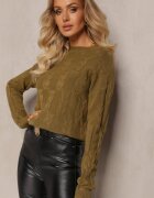 wool fashion Pulover împletit verde închis cu mânecă lungă și borduri elastice Kaviss
