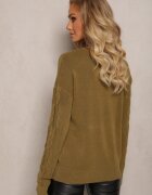 wool fashion Pulover împletit verde închis cu mânecă lungă și borduri elastice Kaviss