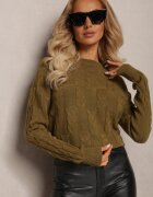 wool fashion Pulover împletit verde închis cu mânecă lungă și borduri elastice Kaviss