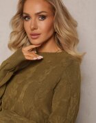 wool fashion Pulover împletit verde închis cu mânecă lungă și borduri elastice Kaviss