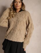 wool fashion Pulover Lejer Bej Închis cu Croială Tip Cutie și Tricotaj în Relief cu Manșete Elomara