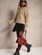 wool fashion Pulover Lejer Bej Închis cu Croială Tip Cutie și Tricotaj în Relief cu Manșete Elomara