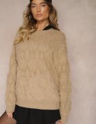 wool fashion Pulover Lejer Bej Închis cu Croială Tip Cutie și Tricotaj în Relief cu Manșete Elomara
