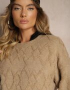 wool fashion Pulover Lejer Bej Închis cu Croială Tip Cutie și Tricotaj în Relief cu Manșete Elomara