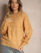 wool fashion Pulover Lejer Galben cu croială tip cutie și împletitură în relief cu manșete elastice Elomara