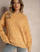 wool fashion Pulover Lejer Galben cu croială tip cutie și împletitură în relief cu manșete elastice Elomara