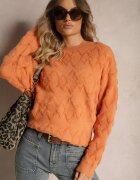 wool fashion Pulover Lejer Portocaliu cu Croială Dreaptă și Textură în Relief cu Manșete Elastice Elomara