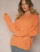 wool fashion Pulover Lejer Portocaliu cu Croială Dreaptă și Textură în Relief cu Manșete Elastice Elomara