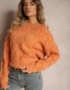 wool fashion Pulover Lejer Portocaliu cu Croială Dreaptă și Textură în Relief cu Manșete Elastice Elomara