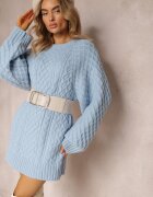 wool fashion Pulover lung albastru deschis împodobit cu împletitură fină Killoe