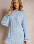 wool fashion Pulover lung albastru deschis împodobit cu împletitură fină Killoe
