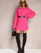 wool fashion Pulover Lung Fucsia Decorat cu Împletitură Fină Killoe
