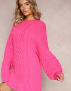 wool fashion Pulover Lung Fucsia Decorat cu Împletitură Fină Killoe