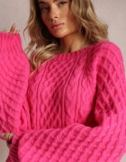 wool fashion Pulover Lung Fucsia Decorat cu Împletitură Fină Killoe