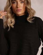 wool fashion Pulover Negru Asimetric cu Lână Decorat cu relief Aurorrsa