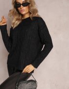 wool fashion Pulover Negru cu guler rotund și torsade cu luciu Dawnitta